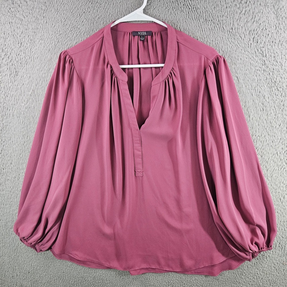 NYDJ Womens Large Mauve Pink Pleated V-Neck Puff Sleeve Blouse‎ Top